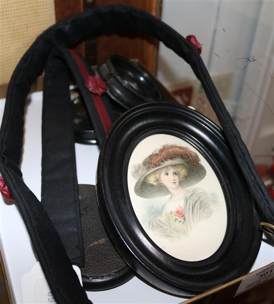 Four watercolour miniature family portraits, 19C and later & a print in ebonised frame